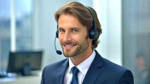 Handsome male call center operator in headset working in modern office. Hotline support service concept