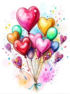 a bunch of hearts, balloons, splashes of candy, a celebration