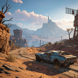 Screenshot from Borderlands 3 showing a gritty, post-apocalyptic landscape. UI with options for group play and starting game. Surroundings include a destroyed car on a rocky terrain. Palette of brown and blue dominating the scene.