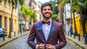 Crie uma imagem que ilustre uma pessoa olhando no espelho vestido social e com cara de feliz 