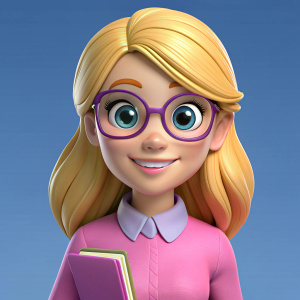 mujer intelectual de 25 con lentes y cuadernos años estilo disney pixar feliz, que tenga ropa con tonalidades rosa y pelo rubio