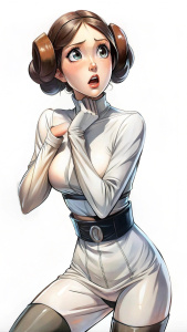 Princess Leia, she's scared, in stockings in Anime style, Latex. White background