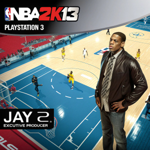 NBA 2K13 cover art for PlayStation 3, featuring Jay Z as executive producer. The background is a vibrant basketball court.