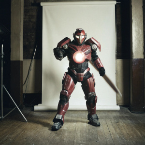 Eva-02 in action pose. Red and black mechanical suit with glowing core. White studio backdrop