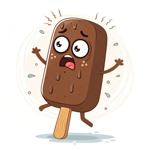 An animated chocolate ice cream character, with a wooden stick, looks terrified, in a state of alarm.