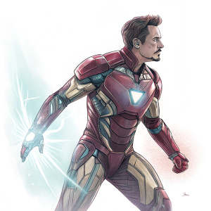 Tony Stark, aka Iron Man, in action pose. Futuristic metallic suit, sketch-like illustration style, glowing energy effects. White background