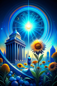 
sun and spring flowers, financial bank, next to a person, in techno style, blue color