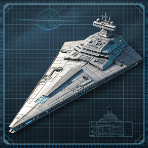 Digital artwork of a sleek Venator-class Star Destroyer from Star Wars. Grid background highlighting the ship's intricate details and layered design. Gray and blue color scheme.