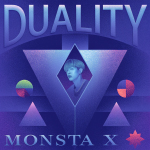 Promotional poster for 'Duality' by Monsta X featuring a dynamic mix of images and text. A close-up of a person's face surrounded by vibrant colors and abstract shapes. The title 'Duality' in large bold font.