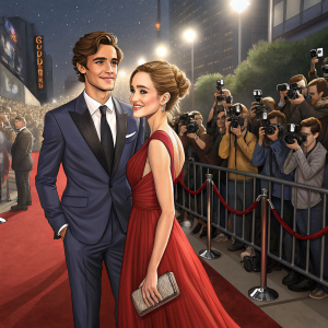 Brenton Thwaites and an elegant woman at a Hollywood premiere. The background is bustling with paparazzi and fans.
