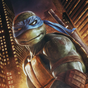 Michelangelo, Teenage Mutant Ninja Turtles, standing in a vibrant action pose. Wears iconic blue bandana. Cityscape backdrop.