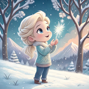 Chibi Elsa from Frozen, dressed in a cute, casual sweater and jeans. Snowy landscape background.