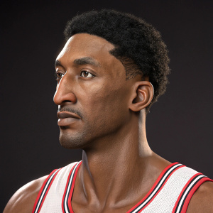 Scottie Pippen's character model for NBA 2K20. Realistic 3D render, detailed face, neutral expression.
