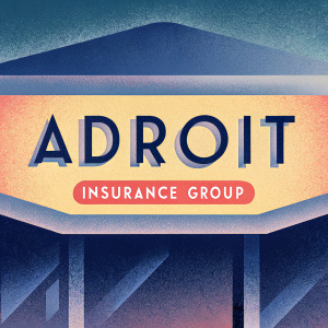 Logo for The Adroit Insurance Group. Bold 'ADROIT' in black, 'Insurance Group' in small, red text. Dark, professional look