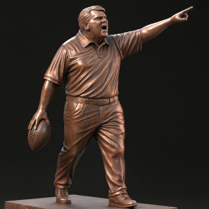 A 3D rendered bronze statue of the legendary football coach John Madden. Mid-action stance with passionate expression. Dark background.