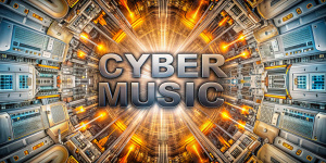 ИИ музыка,симметричный фон, электроника, Текст "CYBER MUSIC", технологии