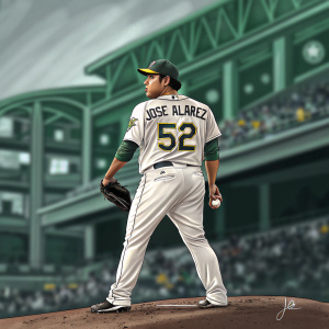 Jose Alvarez, Hispanic baseball pitcher, focused intense gaze, white jersey with '52' and name, blurred green stadium background.