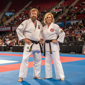Chuck Norris and Gena O'Kelley at a martial arts tournament. Both dressed in traditional karate uniforms. Crowded arena in the background.