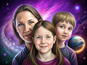 super realistic portrait, numerology, space, purple background,full height, mother and children
