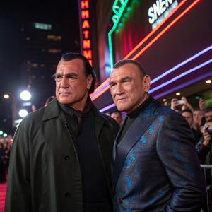 Steven Seagal and Vinnie Jones posing for a movie premiere. Neon lights and bustling crowd in the background.