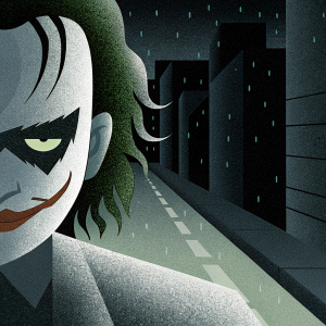 Intense close-up of the Joker character from Batman comics. Dark alleyway background, gritty cityscape