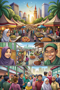 detail illustration, realist, indonesian Caricature-style comic, two-panel: 1) (Terdapat sebuah keluarga: Ayah, Ibu, dan dua anak perempuan. Mereka tersenyum sambil membeli makanan dari penjual kue kering.) Ayah: "Anak-anak, mari kita beli beberapa kue kering untuk berbuka nanti."