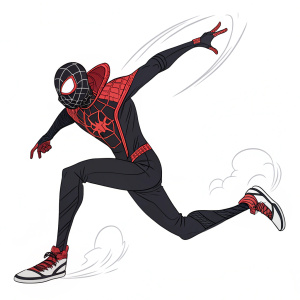 Illustration of Miles Morales, in action pose, simple line art, white backdrop
