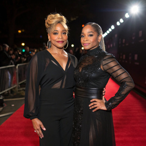 T-Boz and Chilli from TLC at a gala event. They wear black outfits with sheer details. T-Boz has an updo, while Chilli's hair is straight. Red carpet, no audience, just spotlight