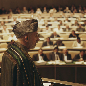 Hamid Karzai addressing the United Nations General Assembly. Wearing a traditional grayish-brown cap and green shawl. Background filled with international delegates.