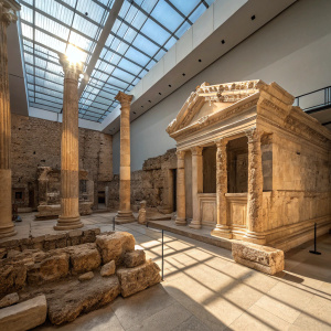 Inside Hierapolis Archaeological Museum in Turkey, a display of ancient ruins featuring weathered stone columns and walls. Sunlight creates dramatic shadows, highlighting the intricate stone construction.
