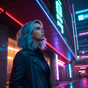 Digital render of Scarlett Johansson with blue and blonde hair. Futuristic setting, neon lights