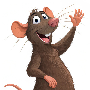 Digital illustration of Remy from Ratatouille, a friendly cartoon rat with a big smile and waving hand. The character has rich brown fur, prominent rodent snout, and whiskers. White background, close-up view.
