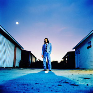 Russell Brand, in a blue suit, standing alone in a quiet alley at night.