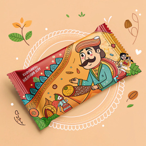 Candy Wullah packaging design. Vibrant mix of traditional Indian motifs and playful cartoon characters. The wrapper includes a quirky illustration of a man with a mustache. The background is a serene, soft orange hue, digital art
