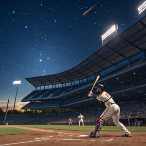 Digital illustration of a baseball game simulation. Acuña Jr. in batting stance. Empty stadium, night game, stars visible in sky