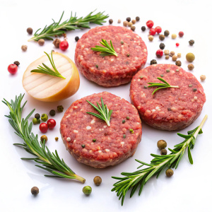  сырые одинаковые овальной формы котлеты из мяса   на белом фоне со специями и зеленью 