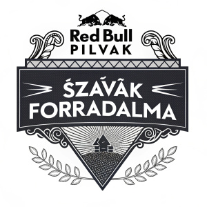 Promotional artwork for Red Bull Pilvak. Stylized banner logo featuring bold, decorative font. Event: Szavak Förradalma. Black and white color scheme. Graphic design emphasizes brand name and event.