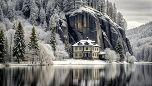 you see a small old hotel, which stands directly on the shore of a lake. behind the house is a wintry forest. high rock faces rise above the forest
