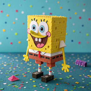 Cheerful Spongebob Squarepants character crafted from diverse materials. Sparkling multicolored background.