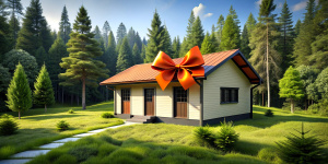 country one-story small modern house, minimalistic, modest design, many details, not pretentious, small windows, siding, white walls, triangular black roof, large orange satin bow on top, bow on the roof, large gift bow on the roof, satin ribbon on top, located in the forest, there is a lot of grass, greenery and trees around, bright sky, photorealism, high quality photo, photo as in life, hdr, 3K, professional photographer