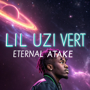 A vibrant and dynamic visual album cover featuring Lil Uzi Vert's 'Eternal Atake'. Dark cosmic background, illuminated by swirling galaxies and radiant nebulas. Prominent neon text in an avant-garde font style, pulsating with energy.