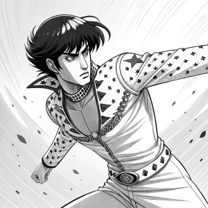 Bruno Bucciarati from JoJo's Bizarre Adventure, dynamic pose, wiggly outlines and stark contrasts. Manga style illustration