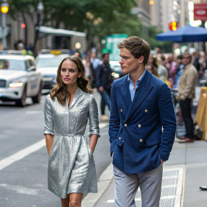 Eddie Redmayne in a blue blazer, Alicia Vikander in a silver dress. Walking on a busy city street, surrounded by people.