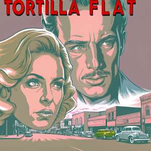 Vintage movie poster for 'Tortilla Flat'. The faces of the main actors are prominently displayed with the movie title in bold, old-time font. Background showcases a bustling cityscape.