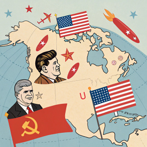 A whimsical cartoon map of North America during the Cuban Missile Crisis era. Flags of the USA, USSR, and Cuba prominently displayed. Silhouettes of JFK, Khrushchev, and Castro depicted in playful cartoon style. Missile symbols scattered around Cuba, adding tension to the scene.