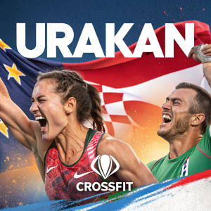 Promotional poster for Urakan Crossfit event. Vibrant colors, logos of sponsors displayed prominently. Crossfit logo at bottom center.