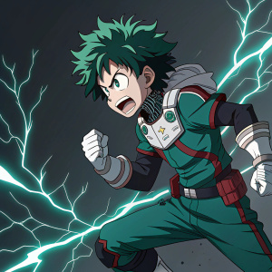 Illustration of Izuku Midoriya, also known as Deku, in action pose. Anime series character, My Hero Academia. Surrounded by vibrant, electric energy. Determined face. Dark background