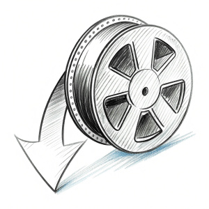 Arrow pointing downwards onto a film reel, next to a 'Publish' button.