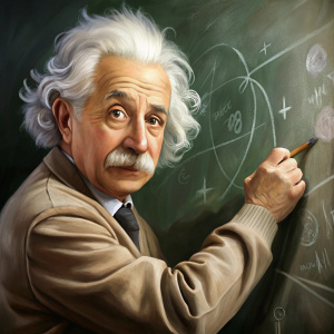 Albert Einstein writing on a blackboard