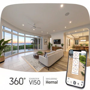 Explore your dream home with DNG 3D Virtual Tours. Experience a 360-degree view of spacious living areas from the comfort of your device. Social media icons visible on the right side for easy sharing.